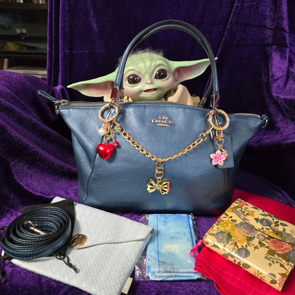 Coach Madison Small Kelsey Blue Metallic Leather Satchel & Nash Floral Wallet